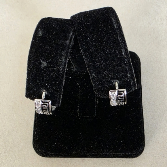 Small White Gold Filled Huggie Hoop Earrings Greek Key Design - Picture 6 of 8